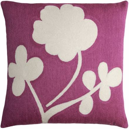 Judy Ross Textiles Hand-Embroidered Chain Stitch Clover Throw Pillow fuschia/cream